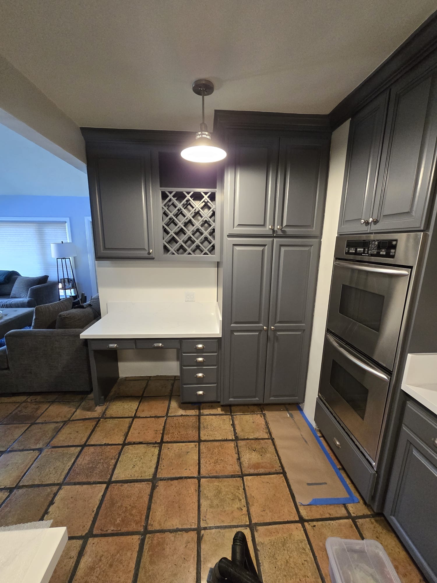 Gray cabinets with wine lattice
